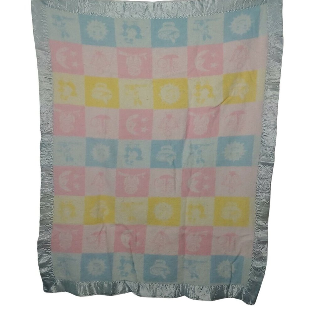 Vintage Satin Trim Baby Blanket Acrylic Pink Blue Yellow Owl Moon Anchor Chick